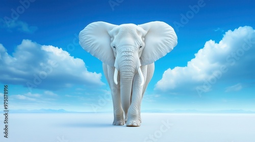 Majestic white elephant standing on an expansive plain under a bright blue sky with soft clouds. Concept of strength, nature, and tranquility.