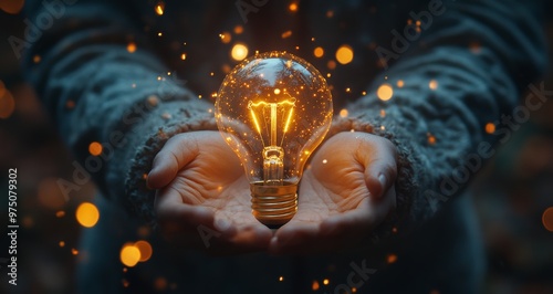 A person holds a glowing light bulb surrounded by sparkling particles in a da...