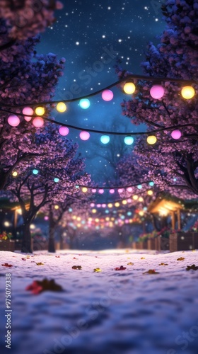 A serene winter pathway lined with glowing lanterns and blooming trees under a starry night sky, creating a magical atmosphere.