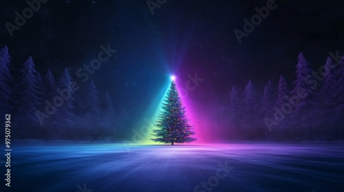 A vibrant Christmas tree shines brightly amidst a winter landscape, illuminated by colorful lights under a starry night sky.