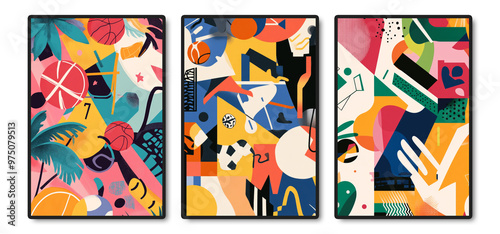 Vibrant Abstract Triptych: Energetic Geometric Modern Art