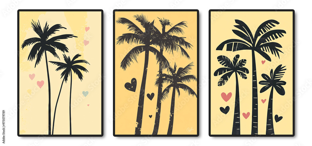 Obraz premium Tropical Palm Trees Yellow Black Wall Art Print Set with Hearts