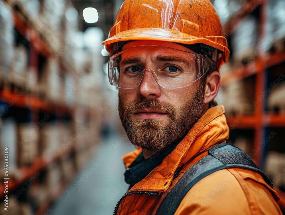 A bearded warehouse worker wearing bright orange safety gear and glasses stands in an aisle, exemplifying focus and efficiency in an industrial setting. A bearded warehouse worker wearing bright orange safety gear and glasses stands in an aisle, exemplifying focus and efficiency in an industrial setting.