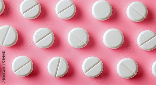 White pills arranged in a pattern on a vibrant pink background showcasing sim...