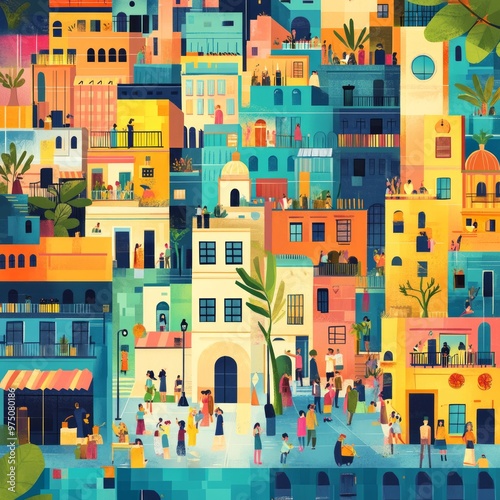 Vibrant cityscape filled with colorful buildings and people.