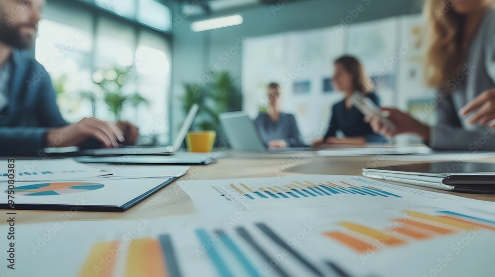 Close-up of Data and Documents on a Table with Blurred Business People in the Background Close-up of Data and Documents on a Table with Blurred Business People in the Background