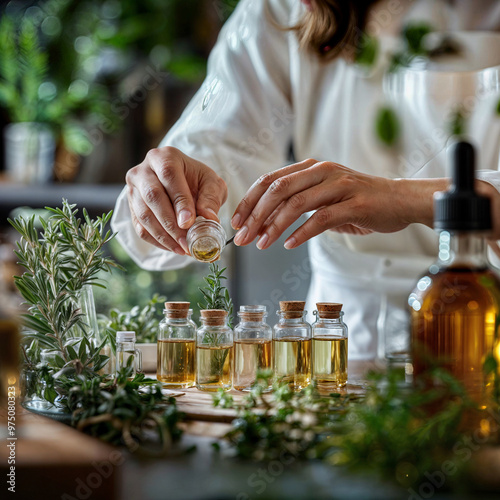 homeopathic woman preparing rosemary oil photo