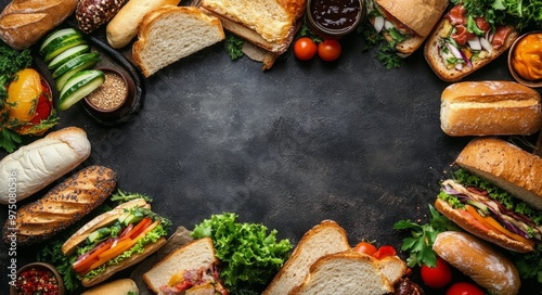 A colorful assortment of burgers and fresh vegetables displayed on a rustic t...