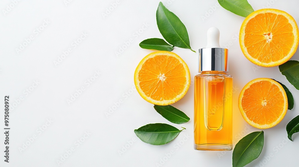 A bottle of orange essential oil on a white surface surrounded by sliced oranges and green leaves A bottle of orange essential oil on a white surface surrounded by sliced oranges and green leaves