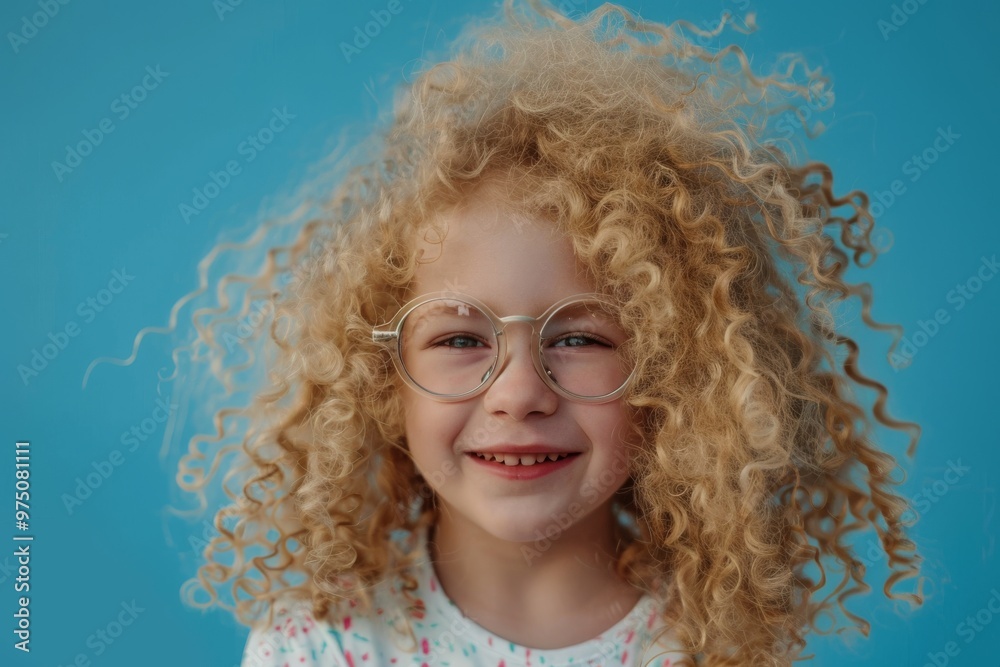A young child with curly blonde hair and large glasses smiles warmly against a vibrant blue background, radiating joy and innocence. A young child with curly blonde hair and large glasses smiles warmly against a vibrant blue background, radiating joy and innocence.