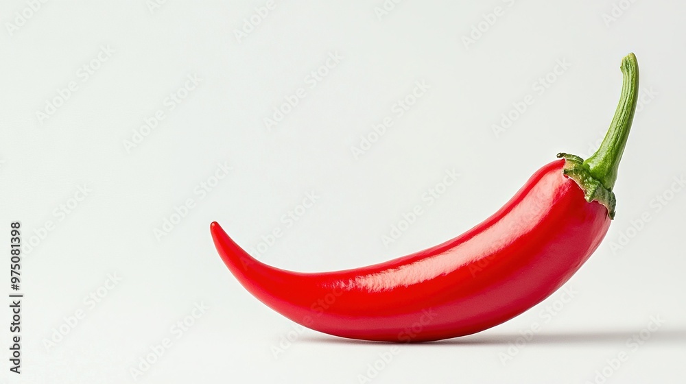 A red pepper with a green stalk protruding from its base, against a white backdrop A red pepper with a green stalk protruding from its base, against a white backdrop