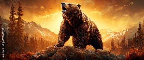 A powerful brown bear stands on a rocky mountain, roaring into the sunset. The dramatic landscape and intense lighting highlight the bear's strength and the wild beauty of the natural environment. photo