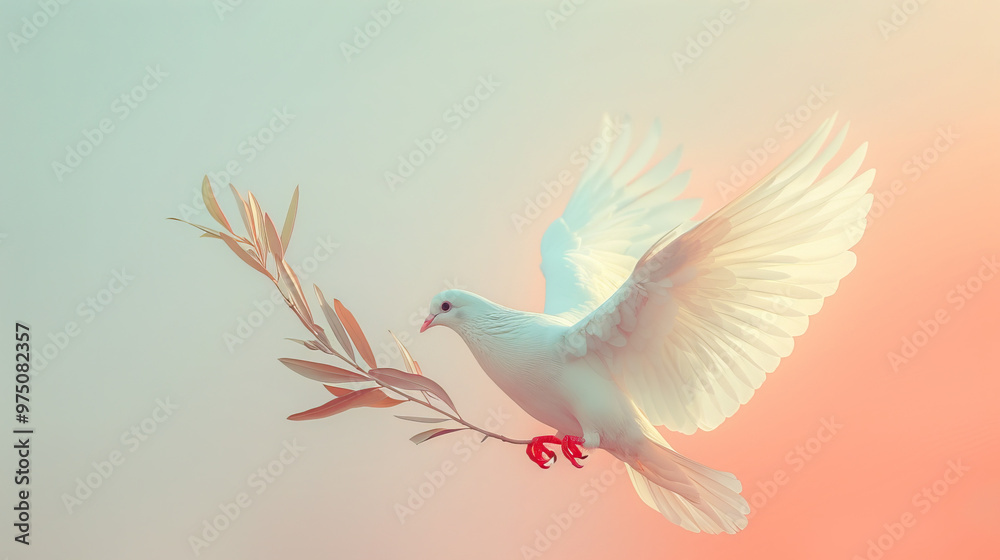Fototapeta premium Watercolor illustration of flying dove with olive tree branch and space for text, on textured painted background, peace cards or banners, Bird of Peace and kindness