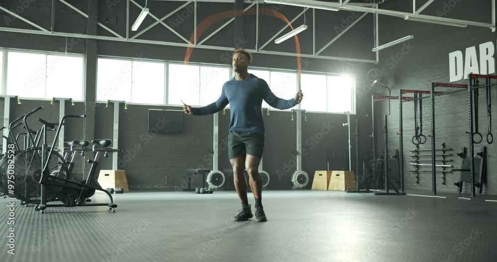 Jump, skipping rope or black man in gym for fitness for body health, training or cardio exercise in challenge. Development, agility or male African athlete with wellness, mobility workout or energy Jump, skipping rope or black man in gym for fitness for body health, training or cardio exercise in challenge. Development, agility or male African athlete with wellness, mobility workout or energy