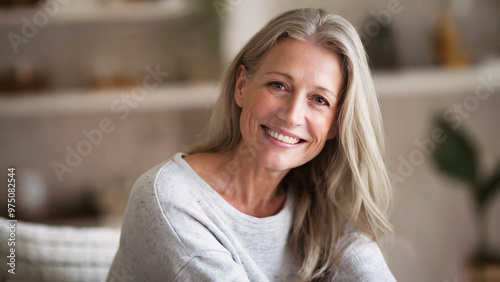 Cheerful Middle-Aged Woman with Long Blonde Hair Smiling Warmly in a Cozy, Blurred Background Setting