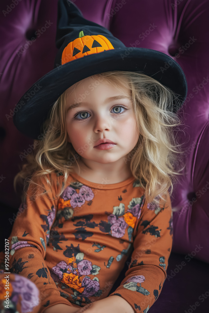 adorable toddler girl in halloween themed outfit sitting on a purple couch looking curiously adorable toddler girl in halloween themed outfit sitting on a purple couch looking curiously