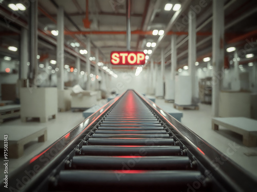 Halting the Flow: An Empty Factory's Conveyor Belt with a Red Stop Sign