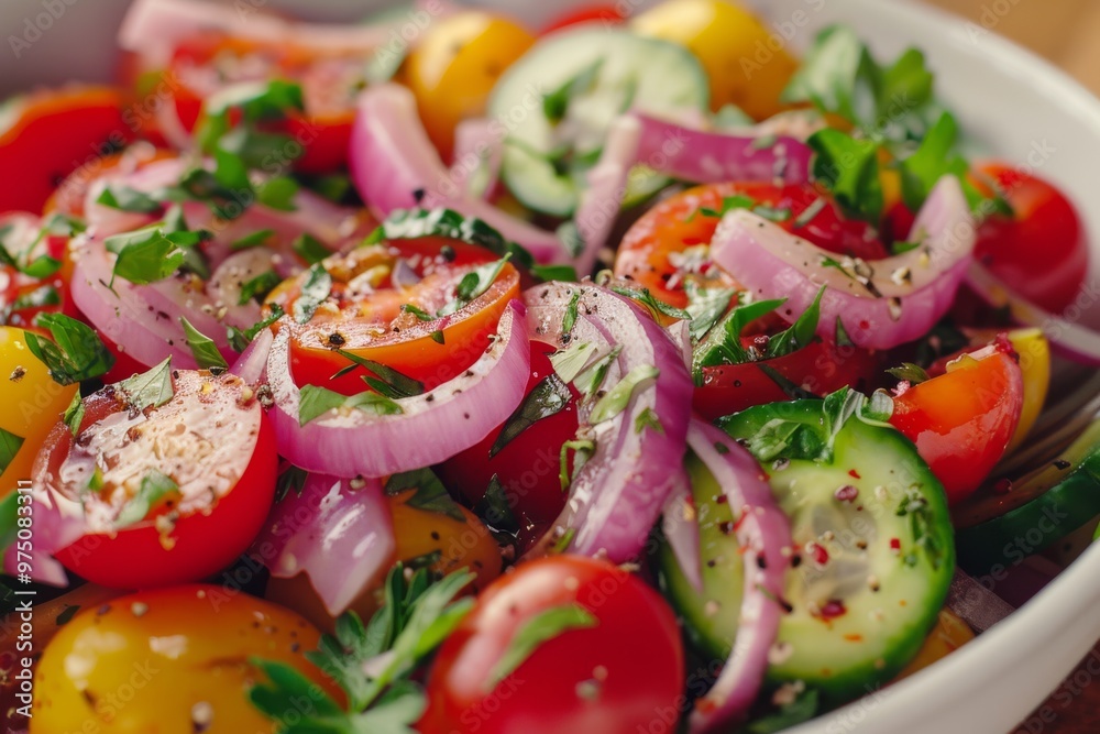 A fresh salad bowl filled with cherry tomatoes, cucumber, red onion, and parsley, seasoned with black pepper and herbs. A fresh salad bowl filled with cherry tomatoes, cucumber, red onion, and parsley, seasoned with black pepper and herbs.