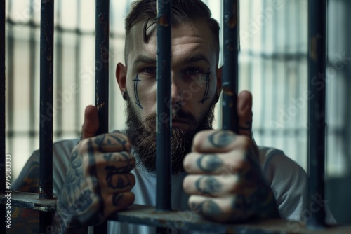 A man with intricate tattoos looks through the prison bars, his solemn expression highlighted by the stark lighting.