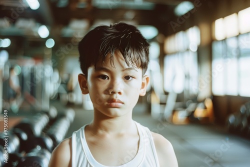 Young boy in a white tank top standing in a well-lit gym, looking serious and determined amidst the exercise equipment, reflecting focus and strength.