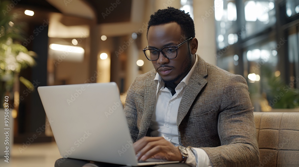 A businessman in glasses works on a laptop in a modern office. A businessman in glasses works on a laptop in a modern office.