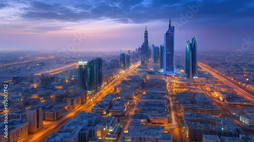 KAFD Buildings in Riyadh at Blue Hour. AI generated illustration photo