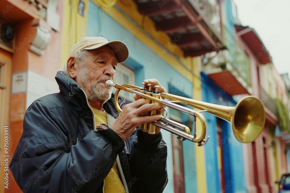 Obraz premium An elderly man plays a trumpet passionately on a vibrant street, creating an engaging and lively atmosphere with his music.