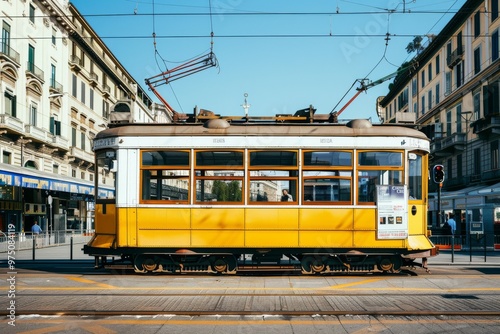 A vintage yellow tram makes its way through a bustling city street, flanked by historic buildings bathed in clear sunlight.