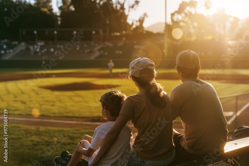 Sunkissed evening at a baseball game, as three kids watch intently from the stands. The golden glow and tranquil ambiance evoke nostalgic memories. photo