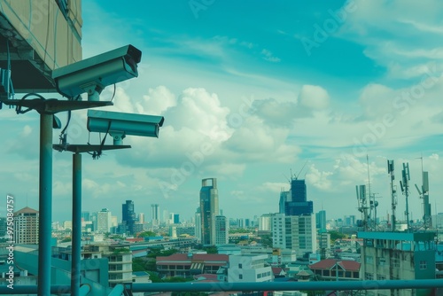 Multiple security cameras positioned to overlook an expansive cityscape enveloped in gentle daylight tones. photo