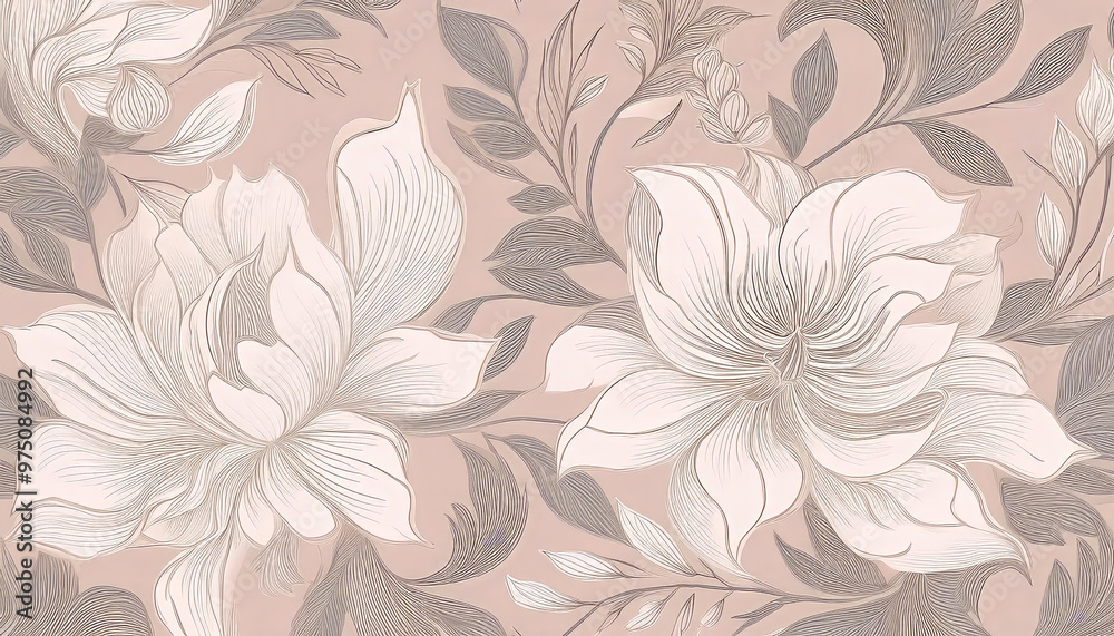 Seamless floral pattern with large white flowers blooming on pink background, perfect for creating romantic and elegant designs