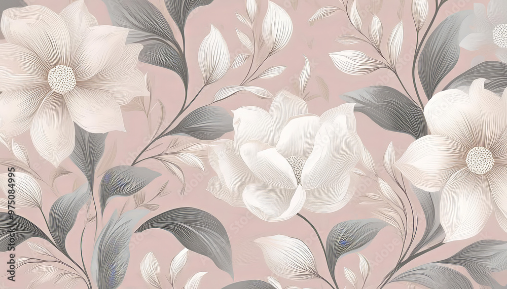 Seamless floral pattern with blooming white flowers and gray leaves on a pink background creating an elegant and delicate design