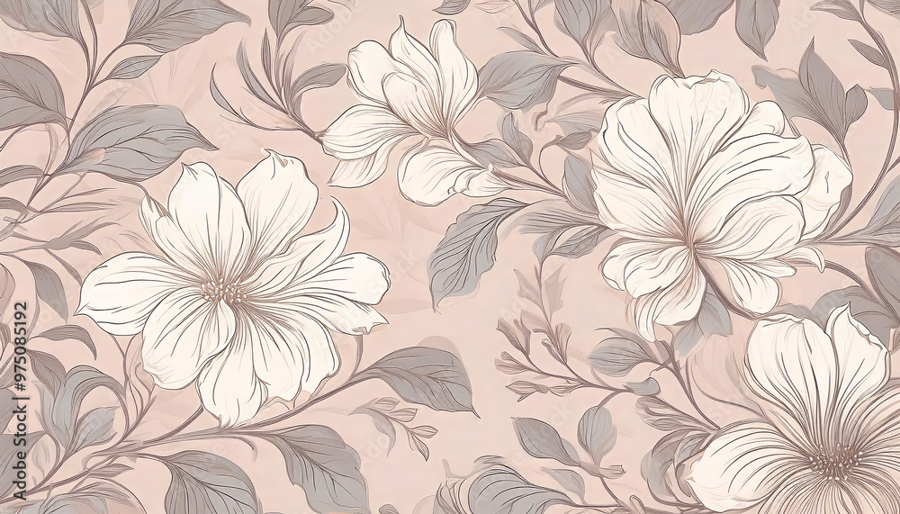 custom made wallpaper toronto digitalSeamless floral pattern with large white flowers and gray leaves creating an elegant and delicate design on a pink background