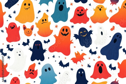 Playful and Spooky Cartoon Ghost Pattern for Cheerful Halloween Visuals with Ultra-Realistic Design Elements