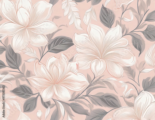 Seamless floral pattern with large flowers blooming, leaves and petals on pink background