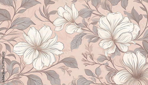Wallpaper Mural Seamless floral pattern with large white flowers and gray leaves creating an elegant and delicate design on a pink background Torontodigital.ca