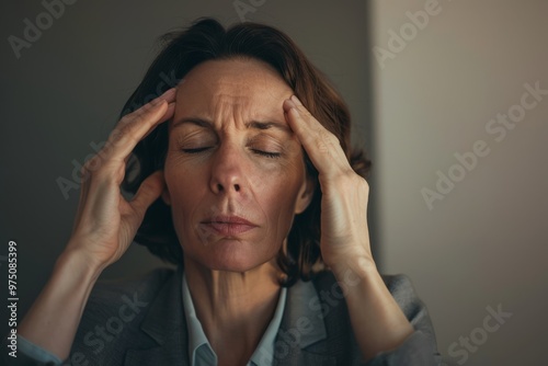 A woman with closed eyes holds her head, appearing deeply tired or stressed, set against a dimly lit background highlighting her emotional exhaustion.