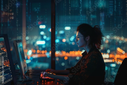 A young professional is intensely working at a computer, surrounded by glowing city lights and data projections, embodying the essence of modern technology.