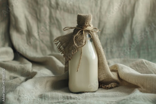 A glass bottle of milk wrapped in rustic burlap cloth, creating a charming, homespun ambiance. photo