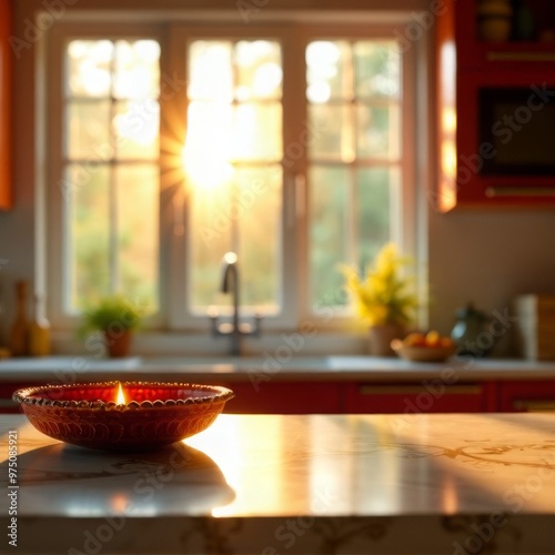 indian modern clean festive diwali kitchen, morning shot, sunlight, decorative kitchen in background with kitchen platform in front photo