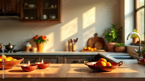 indian modern clean festive diwali kitchen, morning shot, sunlight, decorative kitchen in background with kitchen platform in front