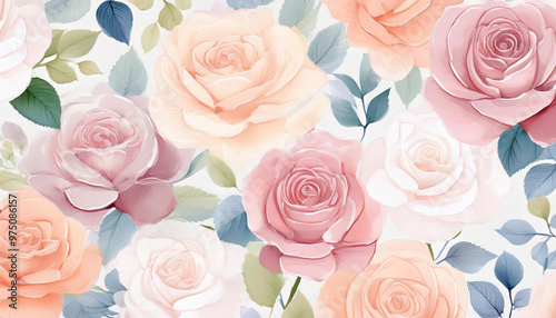 Beautiful and romantic floral background featuring watercolor roses blooming in a seamless pattern