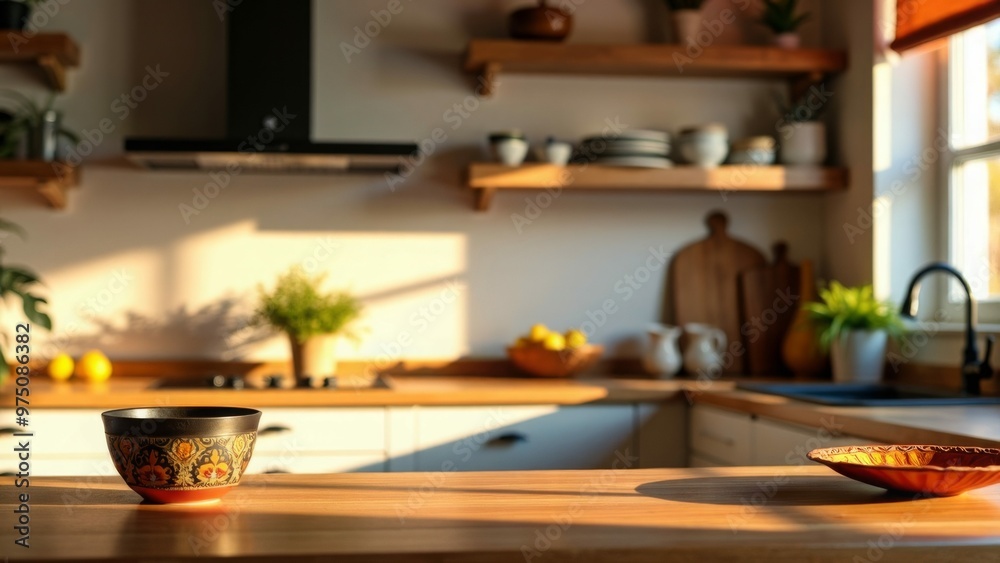 indian modern clean festive diwali kitchen, morning shot, sunlight, decorative kitchen in background with kitchen platform in front indian modern clean festive diwali kitchen, morning shot, sunlight, decorative kitchen in background with kitchen platform in front