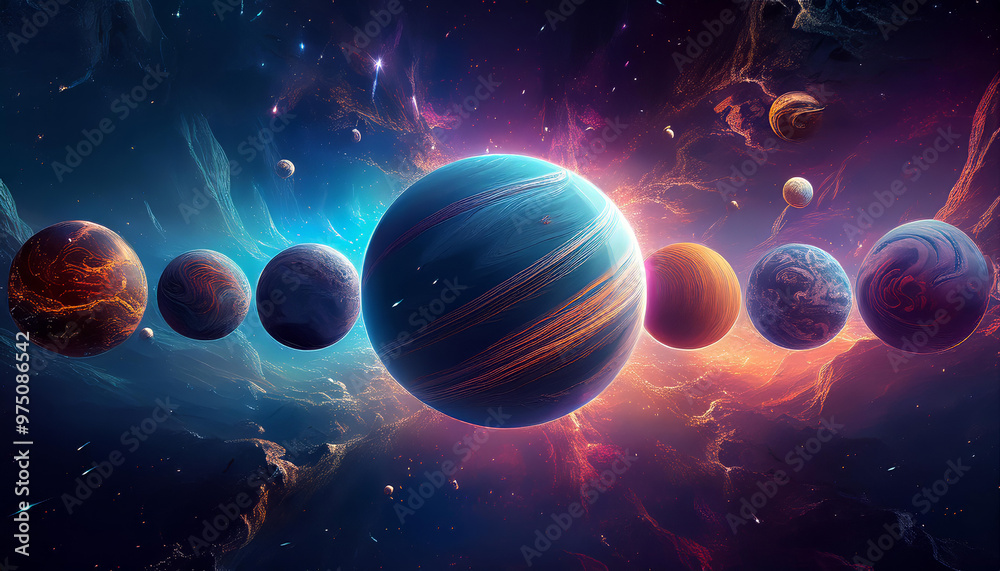 Colorful illustration of a blue planet shining in deep space surrounded by other planets Colorful illustration of a blue planet shining in deep space surrounded by other planets