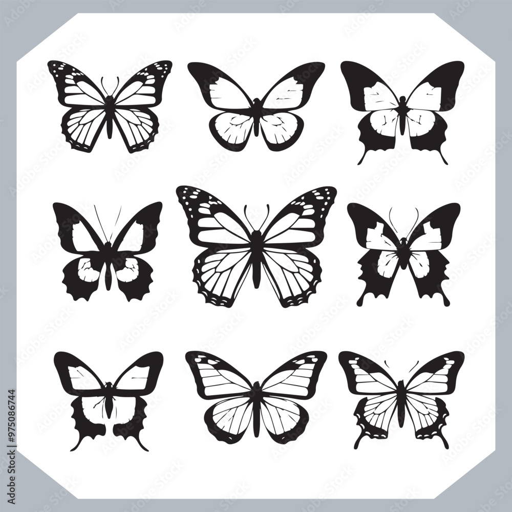 Butterfly silhouette icon, Silhouettes of butterflies. Black of funny butterflies. Insect butterfly black silhouette, Set of butterflies Butterfly silhouette icon, Silhouettes of butterflies. Black of funny butterflies. Insect butterfly black silhouette, Set of butterflies