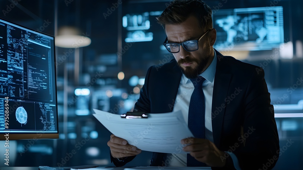 Businessman in Suit Examining Documents with Blue Lights and Computer Screen in Background