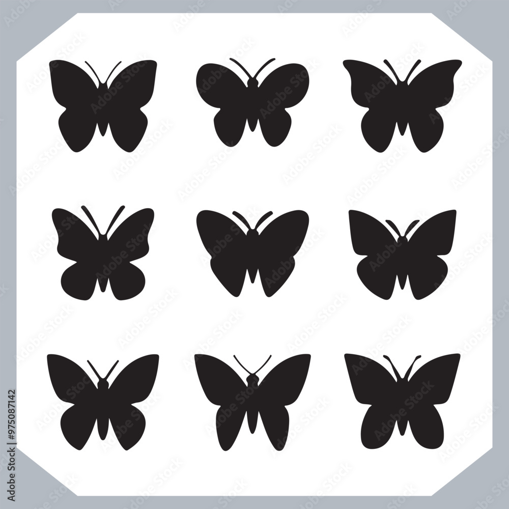 Butterfly silhouette icon, Silhouettes of butterflies. Black of funny butterflies. Insect butterfly black silhouette, Set of butterflies Butterfly silhouette icon, Silhouettes of butterflies. Black of funny butterflies. Insect butterfly black silhouette, Set of butterflies