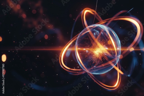 An artistic representation of an atom with glowing orbits and a radiant core, set against a dark background.