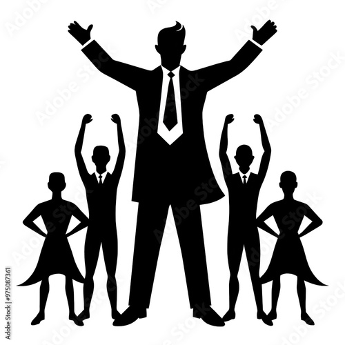 A strong black silhouette depicting a leader with arms raised surrounded by supportive figures in various empowering poses symbolizing teamwork and motivation photo