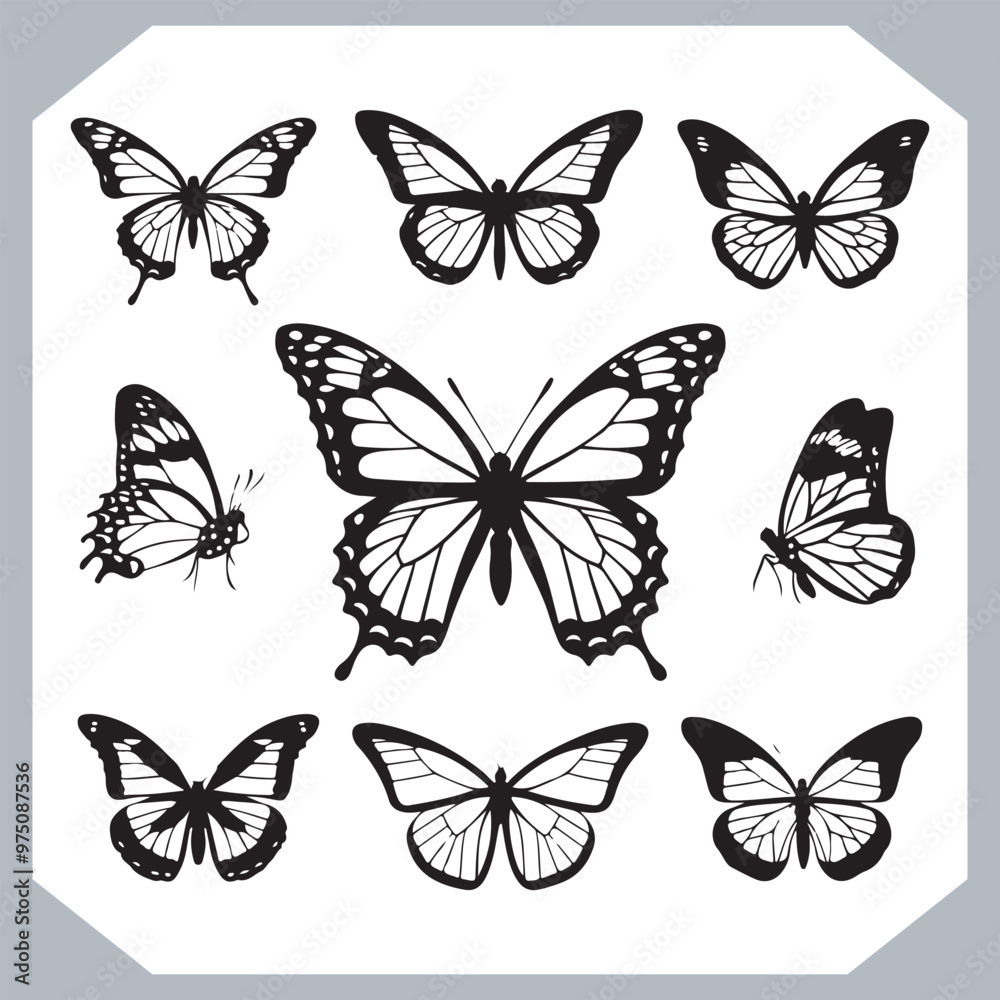 Butterfly silhouette icon, Silhouettes of butterflies. Black of funny butterflies. Insect butterfly black silhouette, Set of butterflies Butterfly silhouette icon, Silhouettes of butterflies. Black of funny butterflies. Insect butterfly black silhouette, Set of butterflies